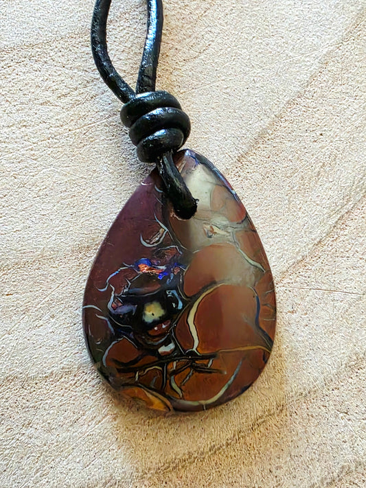 Teardrop Boulder Opal Necklace with Purple Tribal Pattern
