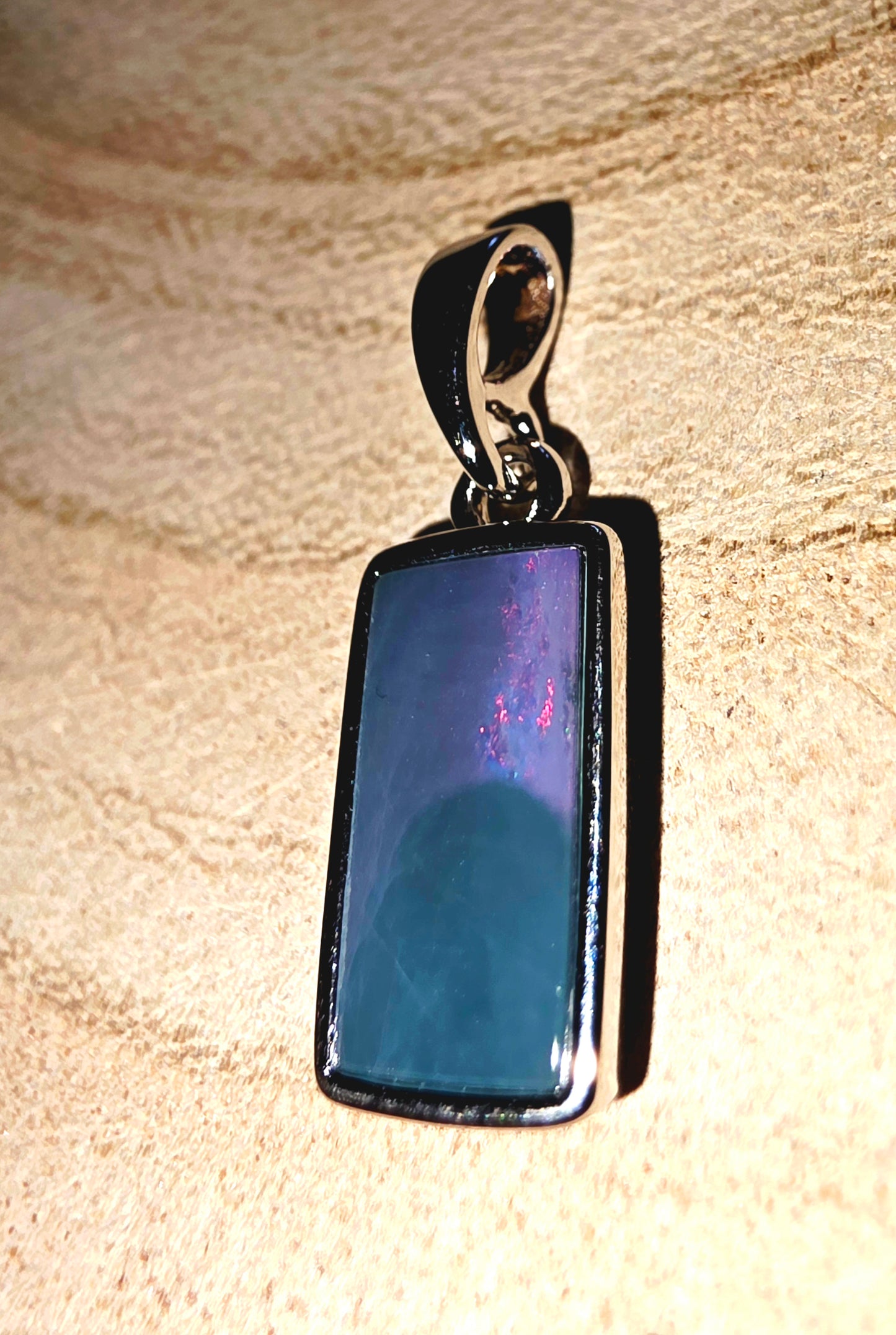 Rectangle Silver Pendant – Pink Flash Opal
