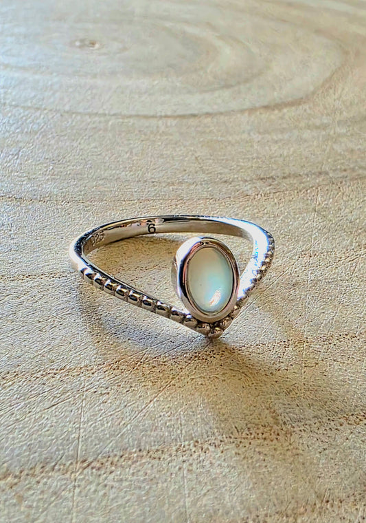 Silver ring with a central gemstone on a wooden surface