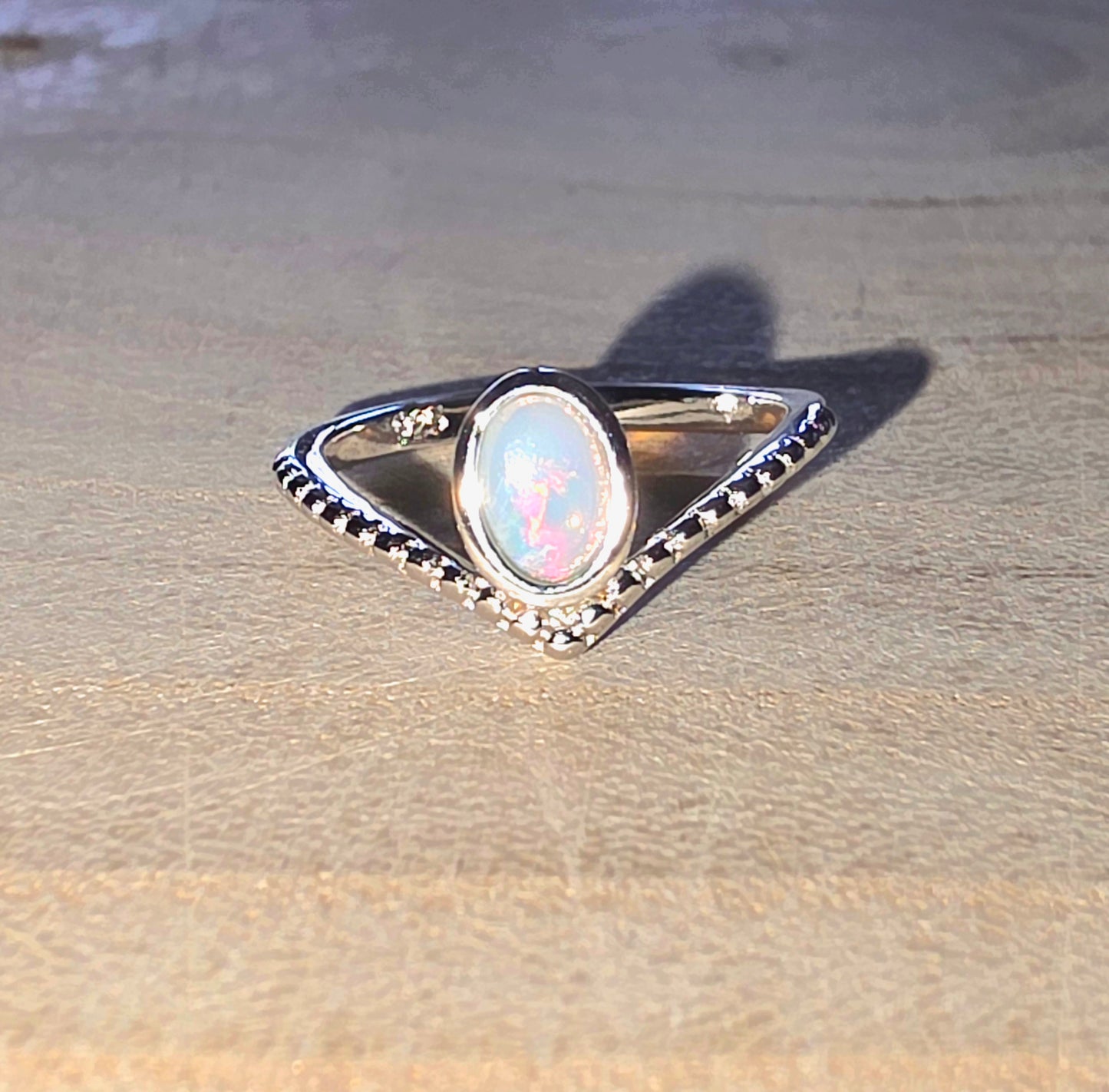 Crystal Opal Ring - Red Orange Green, Broad Flash 925 Silver