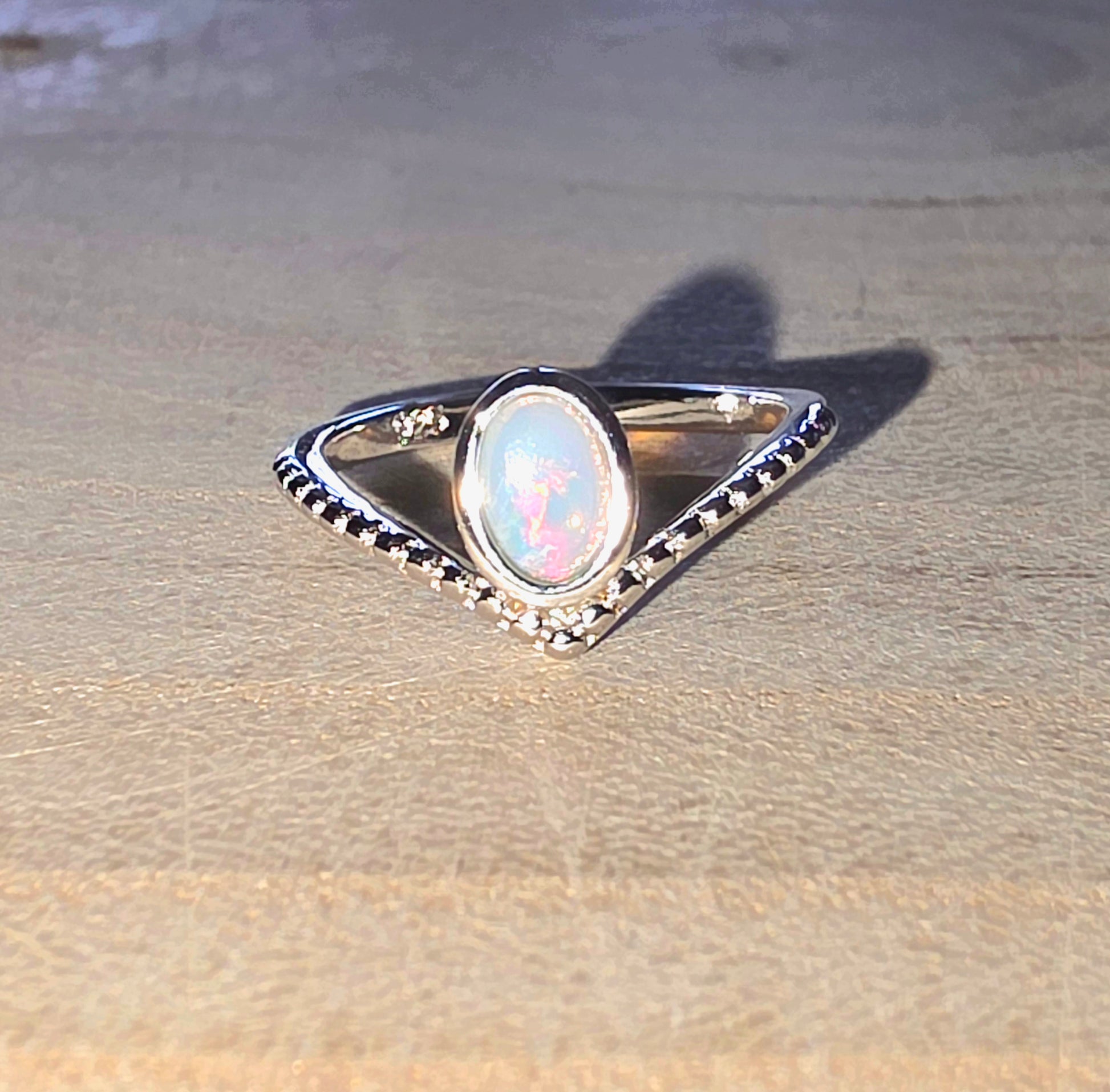 Crystal Opal Ring - Red Orange Green, Broad Flash 925 Silver