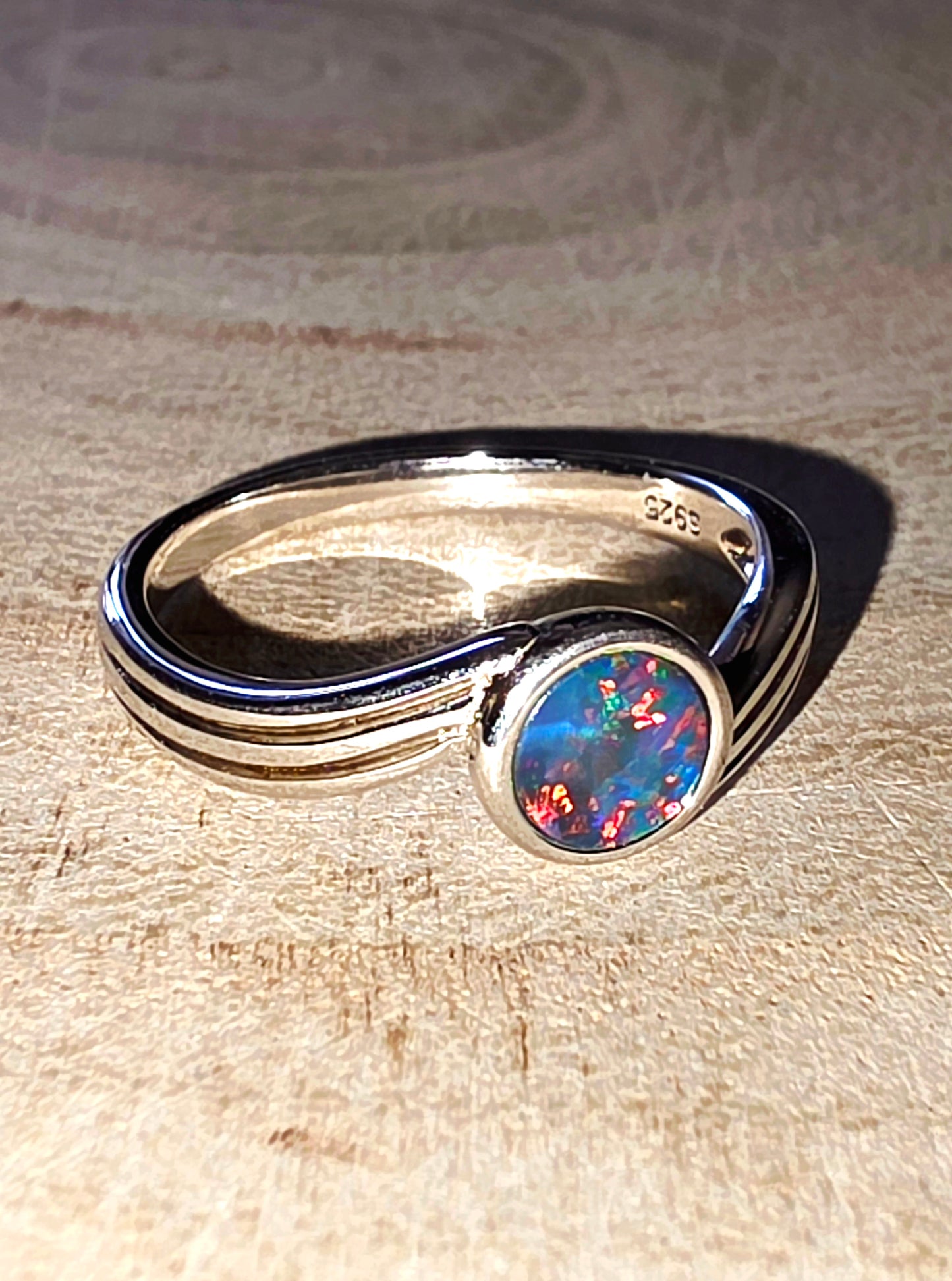 Boulder Opal Waves Ring - Multi‑Colour Broad Flash Silver