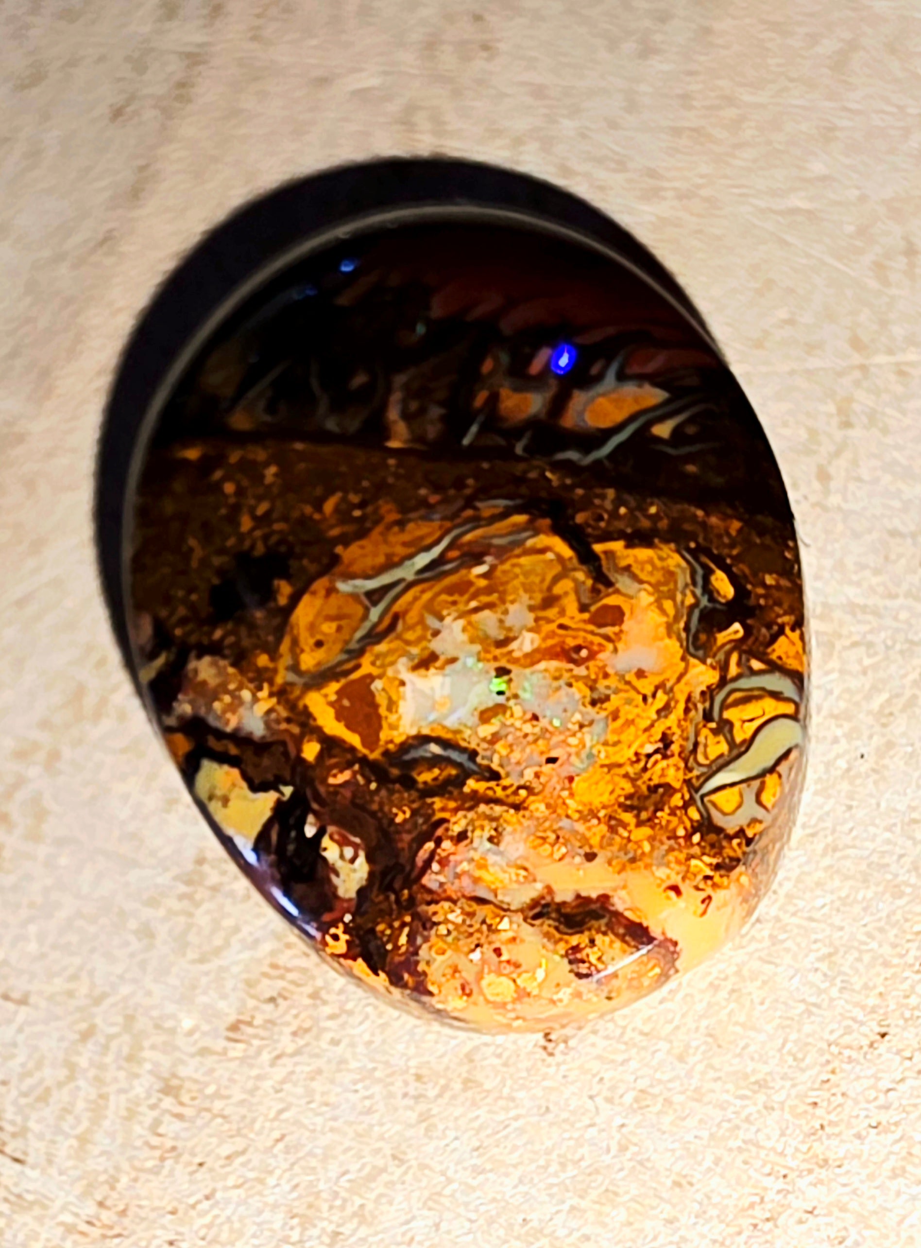 Solid Tribal Boulder Opal Cabochon – Blue Streaks & Soft Broad Flash