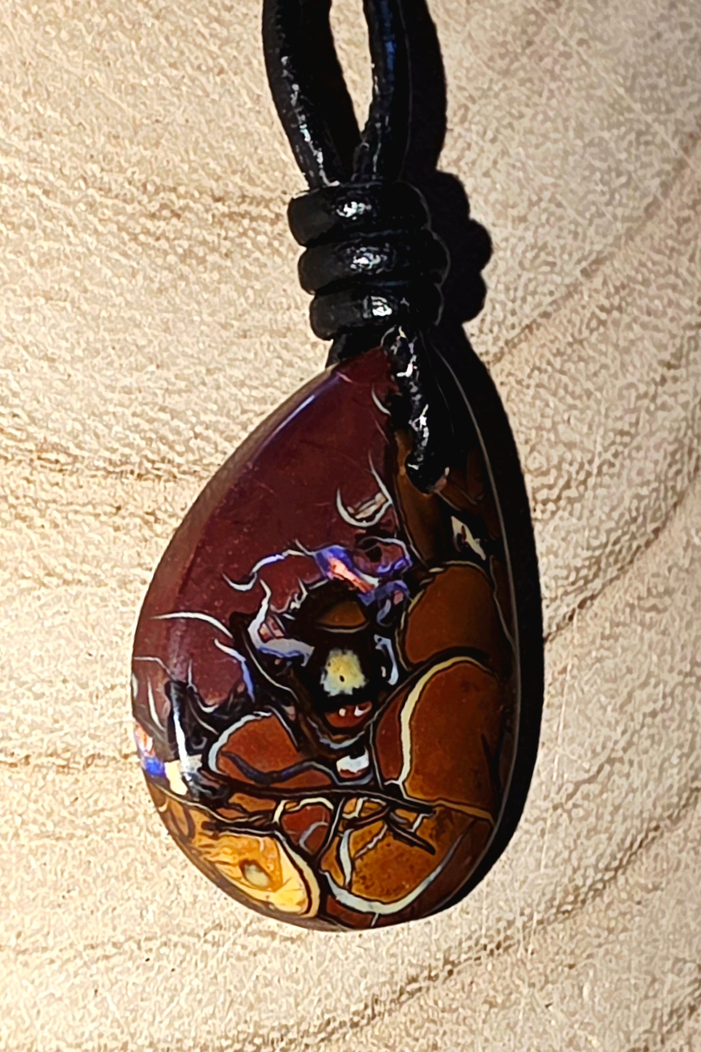 Teardrop Boulder Opal Necklace – Purple Tribal Pattern