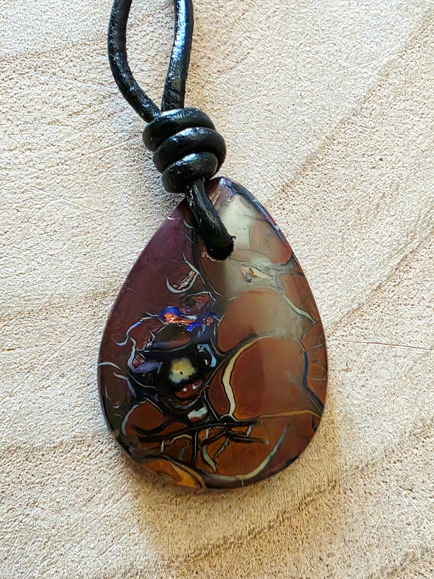 Teardrop Boulder Opal Necklace with Purple Tribal Pattern
