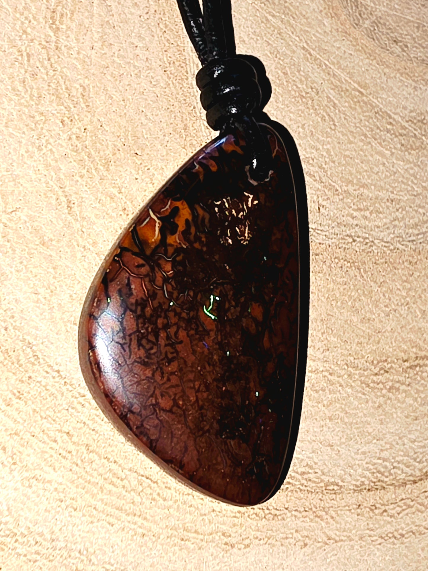 Large Boulder Opal Necklace - Blue‑Green Pinfire (Natural Finish, Leather Cord)