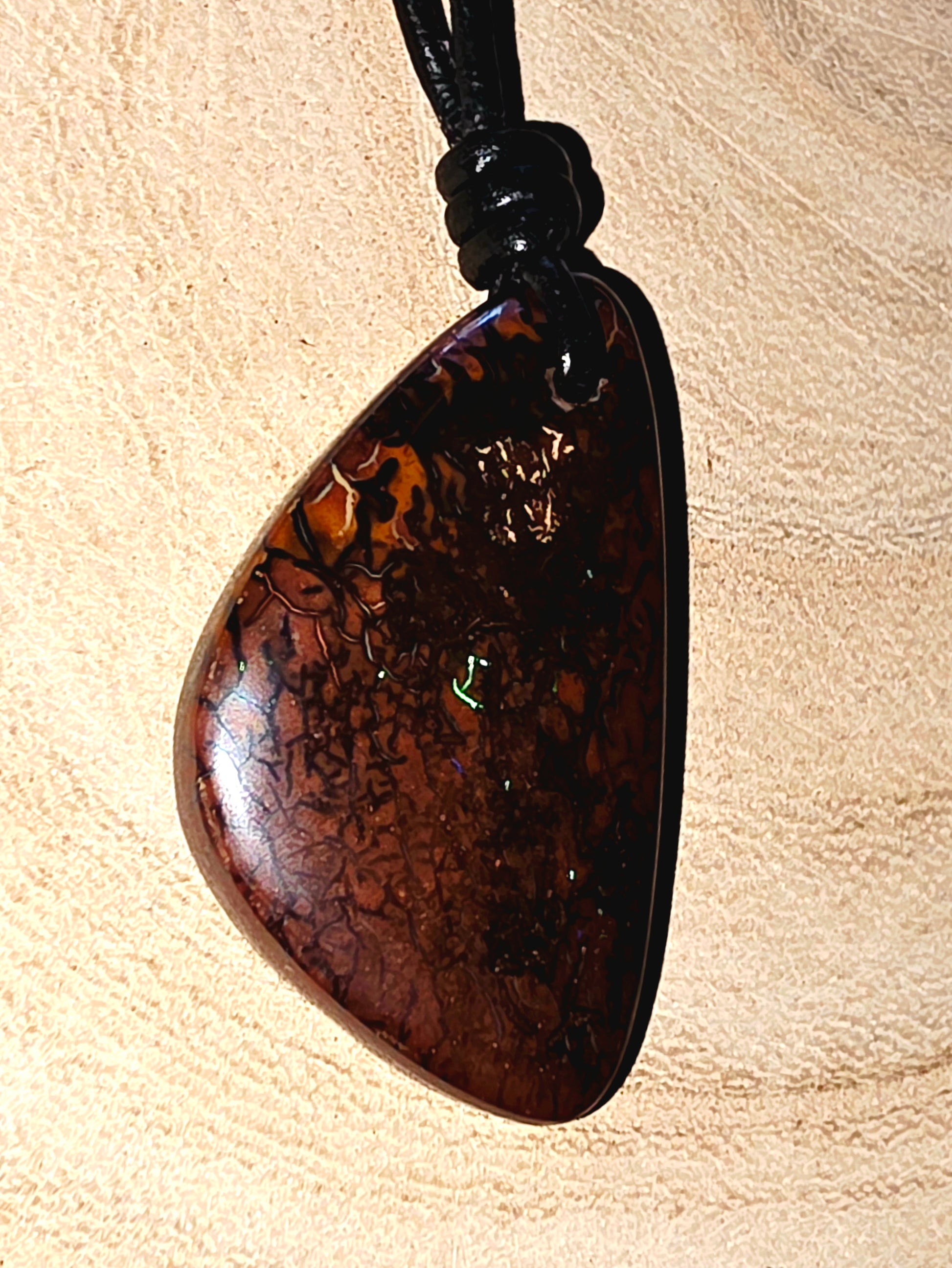 Large Boulder Opal Necklace - Blue‑Green Pinfire (Natural Finish, Leather Cord)