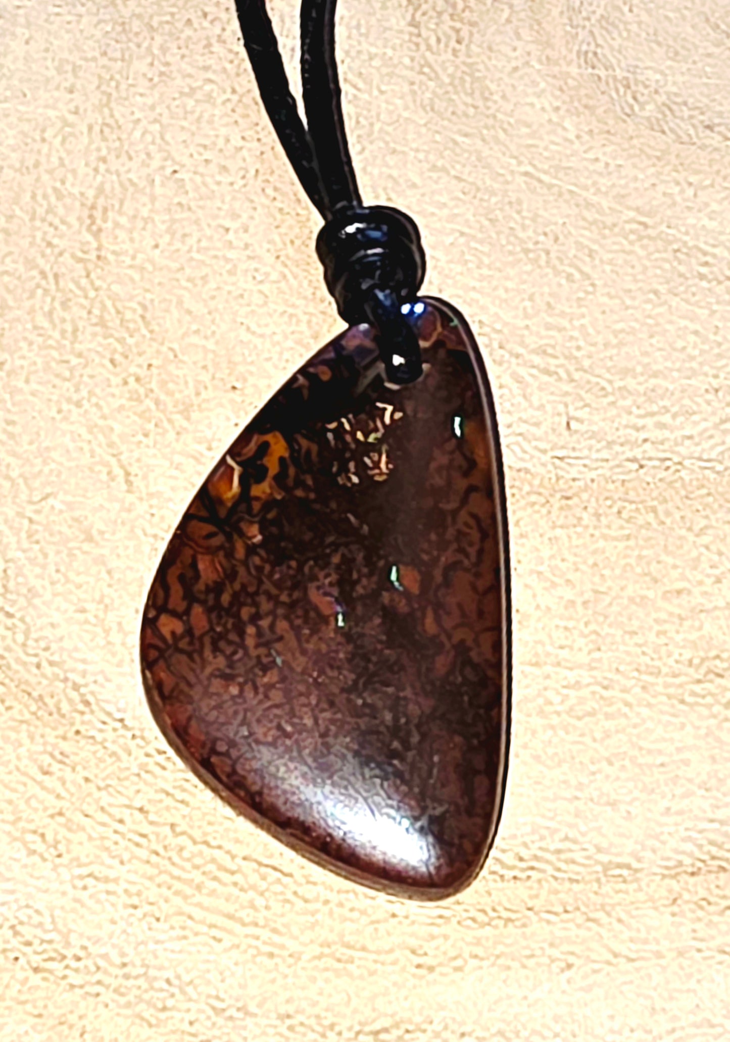 Large Boulder Opal Necklace - Blue‑Green Pinfire (Natural Finish, Leather Cord)