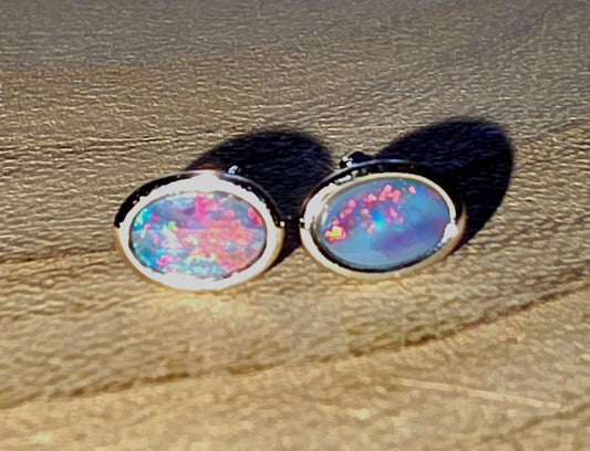 Oval Silver Earrings – Red, Orange, Blue & Green Boulder Opal