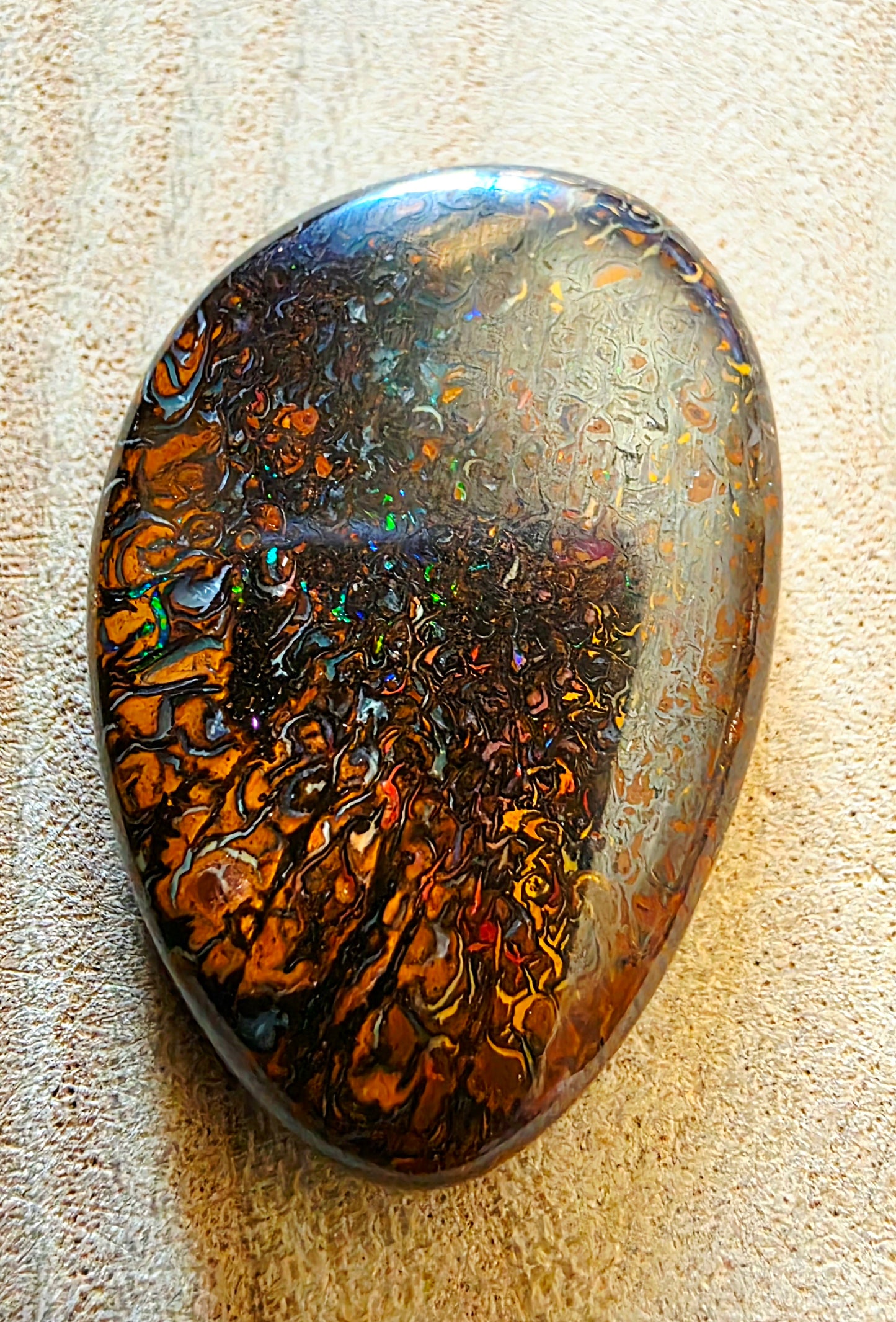 Solid Boulder Opal – Green, Orange & Blue Pinfire (Double‑Sided)