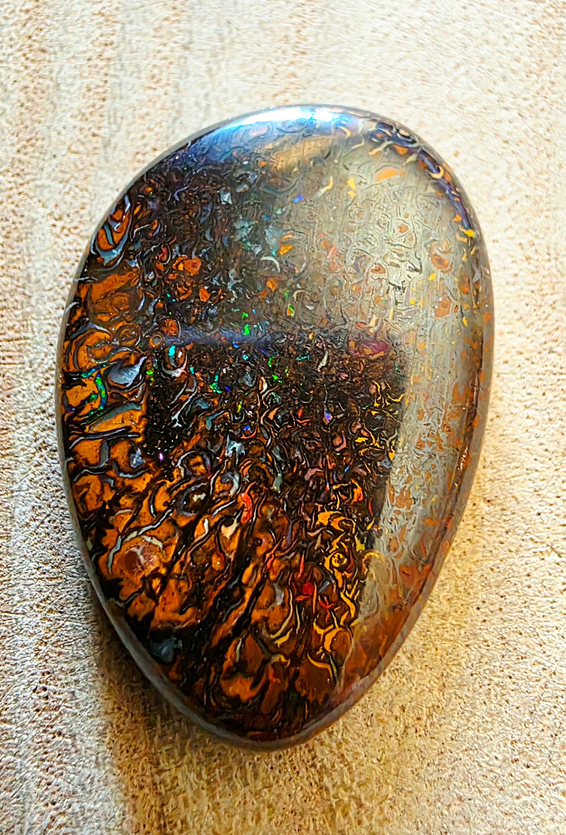 Solid Boulder Opal – Green, Orange & Blue Pinfire (Double‑Sided)