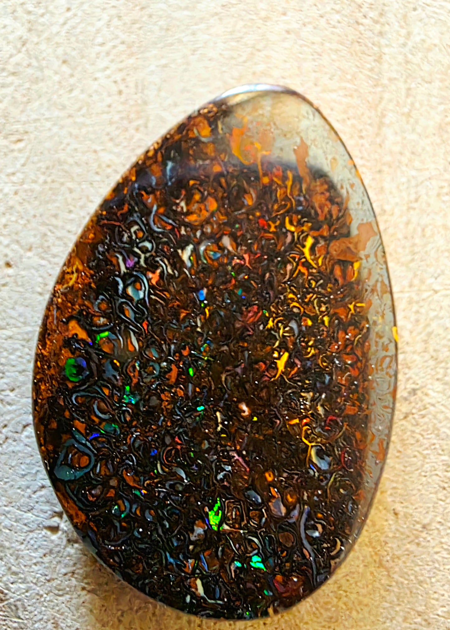 Solid Boulder Opal – Green, Orange & Blue Pinfire (Double‑Sided)
