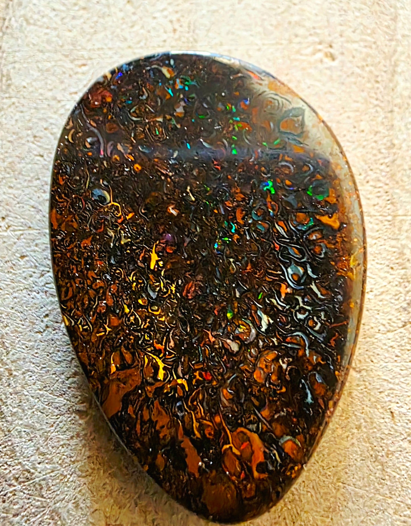 Solid Boulder Opal – Green, Orange & Blue Pinfire (Double‑Sided)
