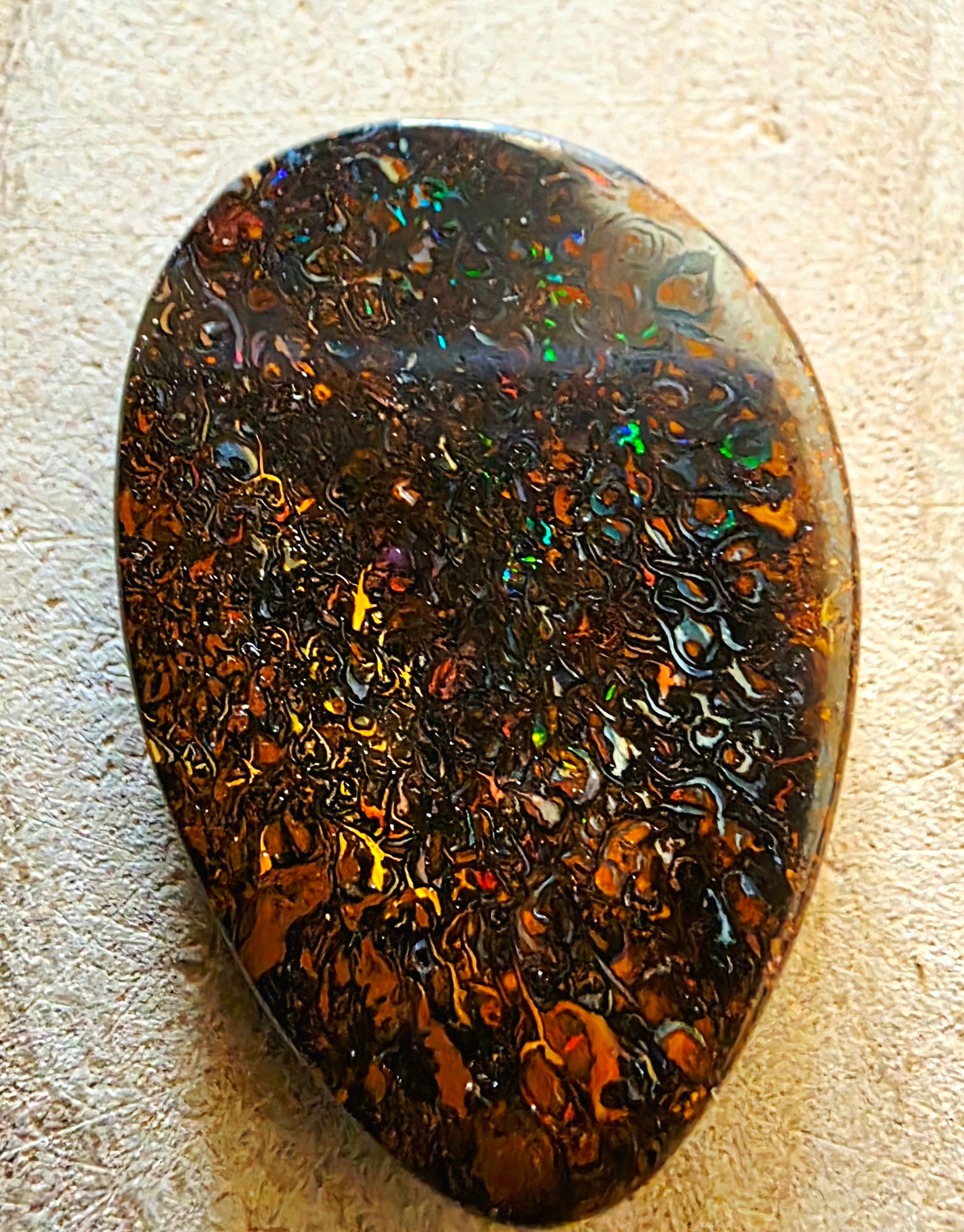 Solid Boulder Opal – Green, Orange & Blue Pinfire (Double‑Sided)