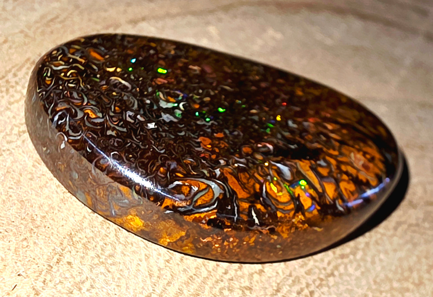 Solid Boulder Opal – Green, Orange & Blue Pinfire (Double‑Sided)