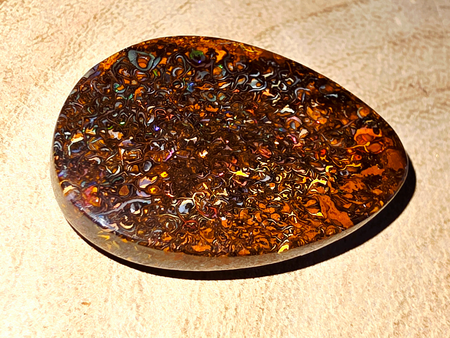 Solid Boulder Opal – Green, Orange & Blue Pinfire (Double‑Sided)