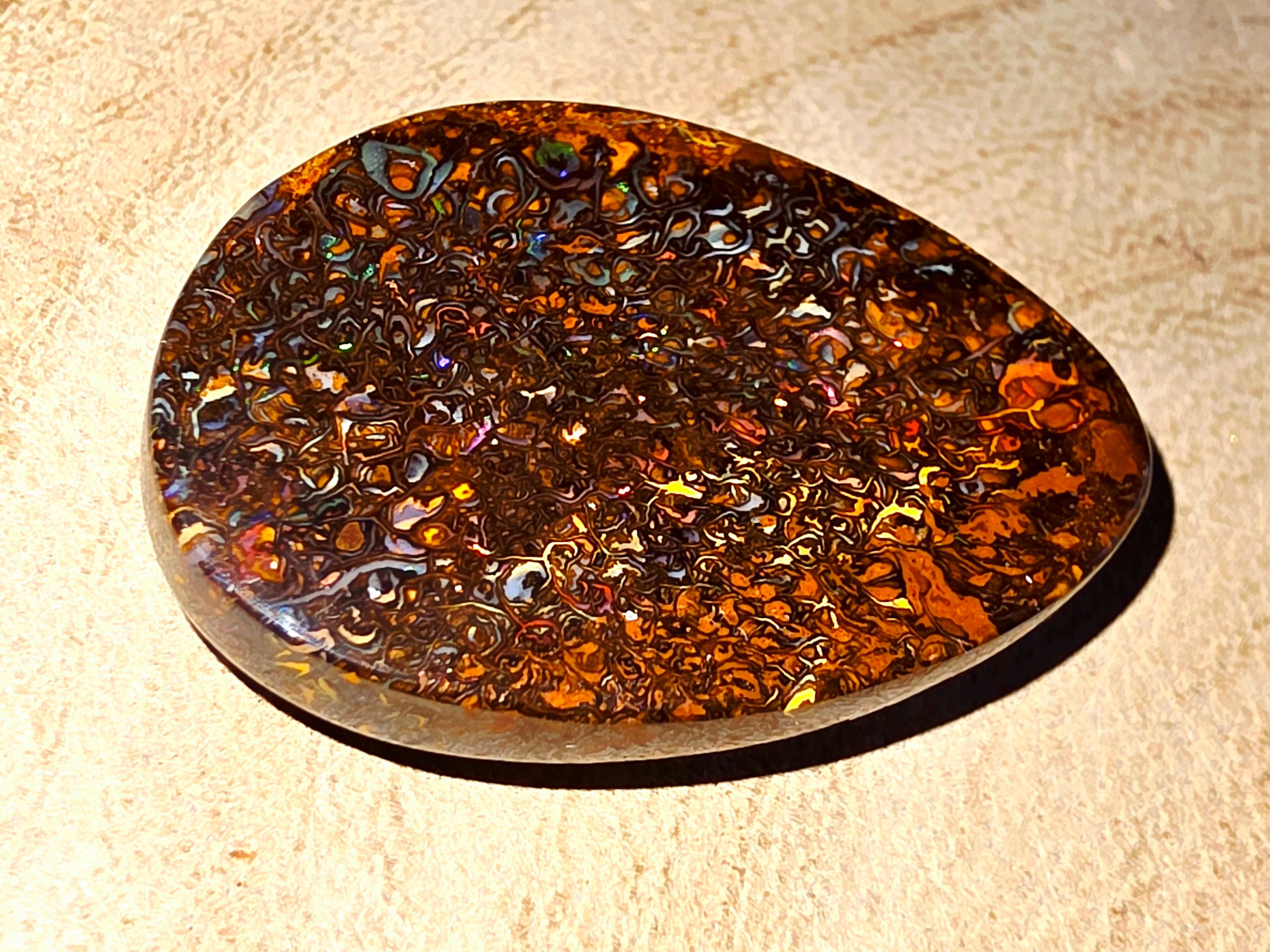 Solid Boulder Opal – Green, Orange & Blue Pinfire (Double‑Sided)