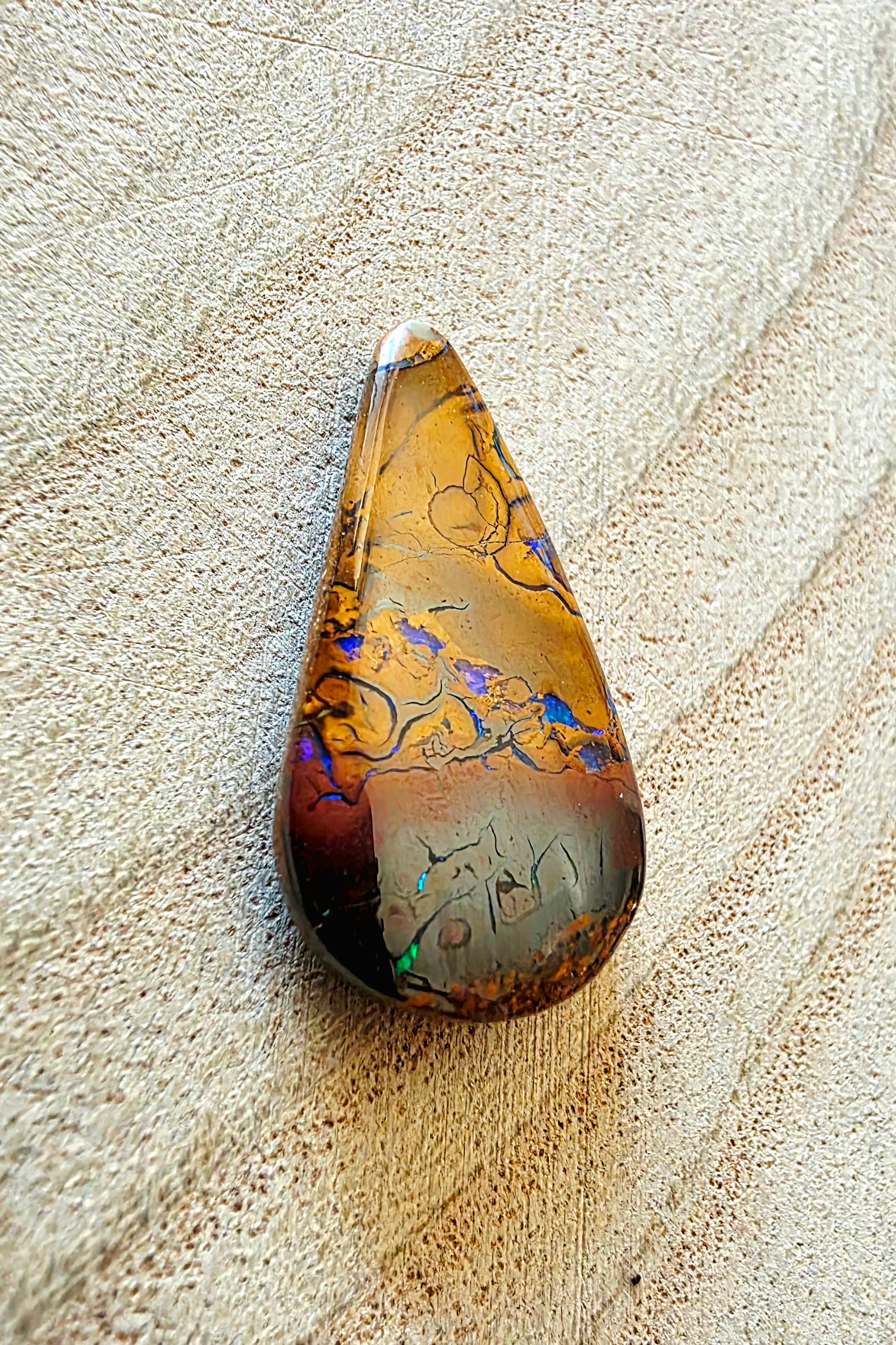 Teardrop Boulder Opal Cabochon - Blue‑Green Flash