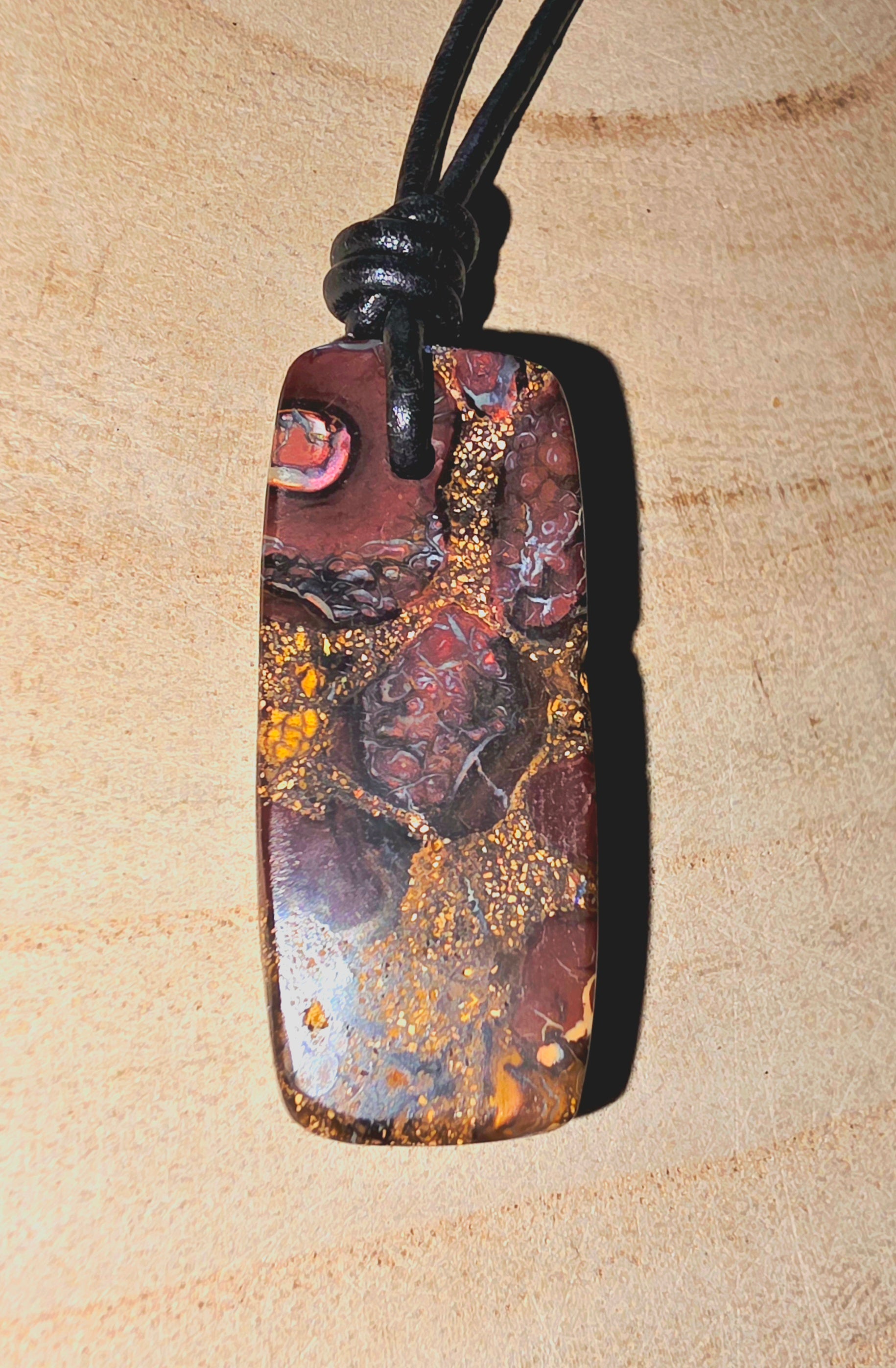 Matrix Boulder Opal Necklace – Natural Green Pinfire (Leather Cord)