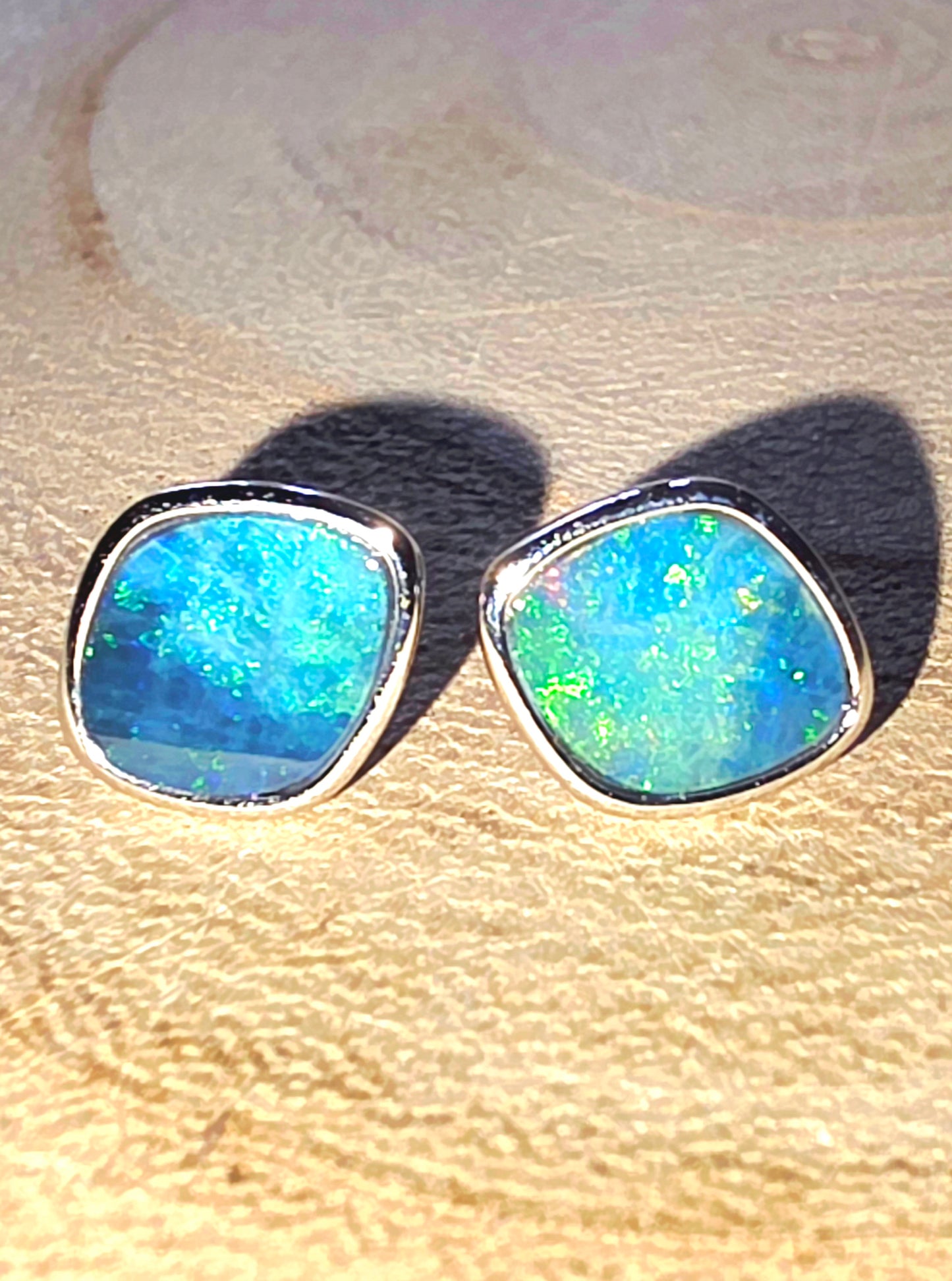 Boulder Opal Stud Earrings – Deep Blue, Green & Red Pinfire (925 Silver)