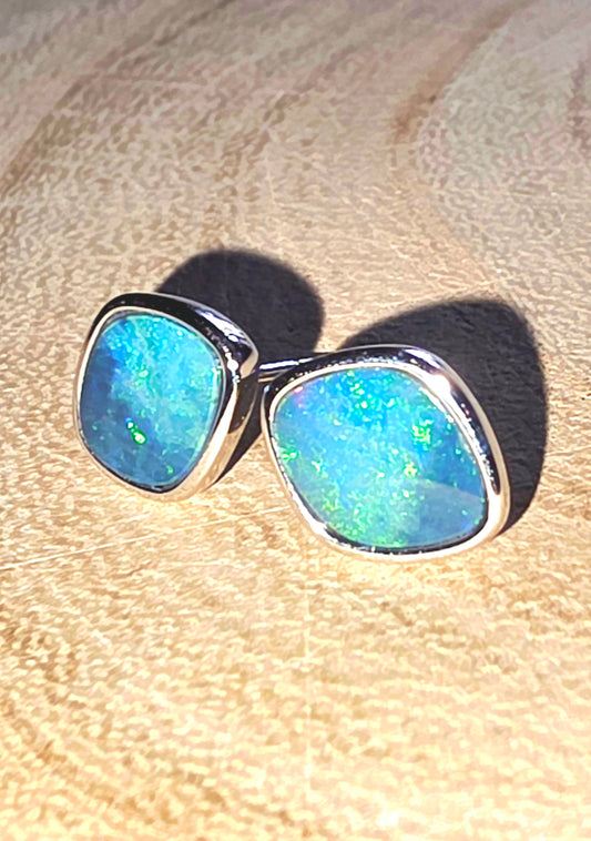 Boulder Opal Stud Earrings – Deep Blue, Green & Red Pinfire (925 Silver)