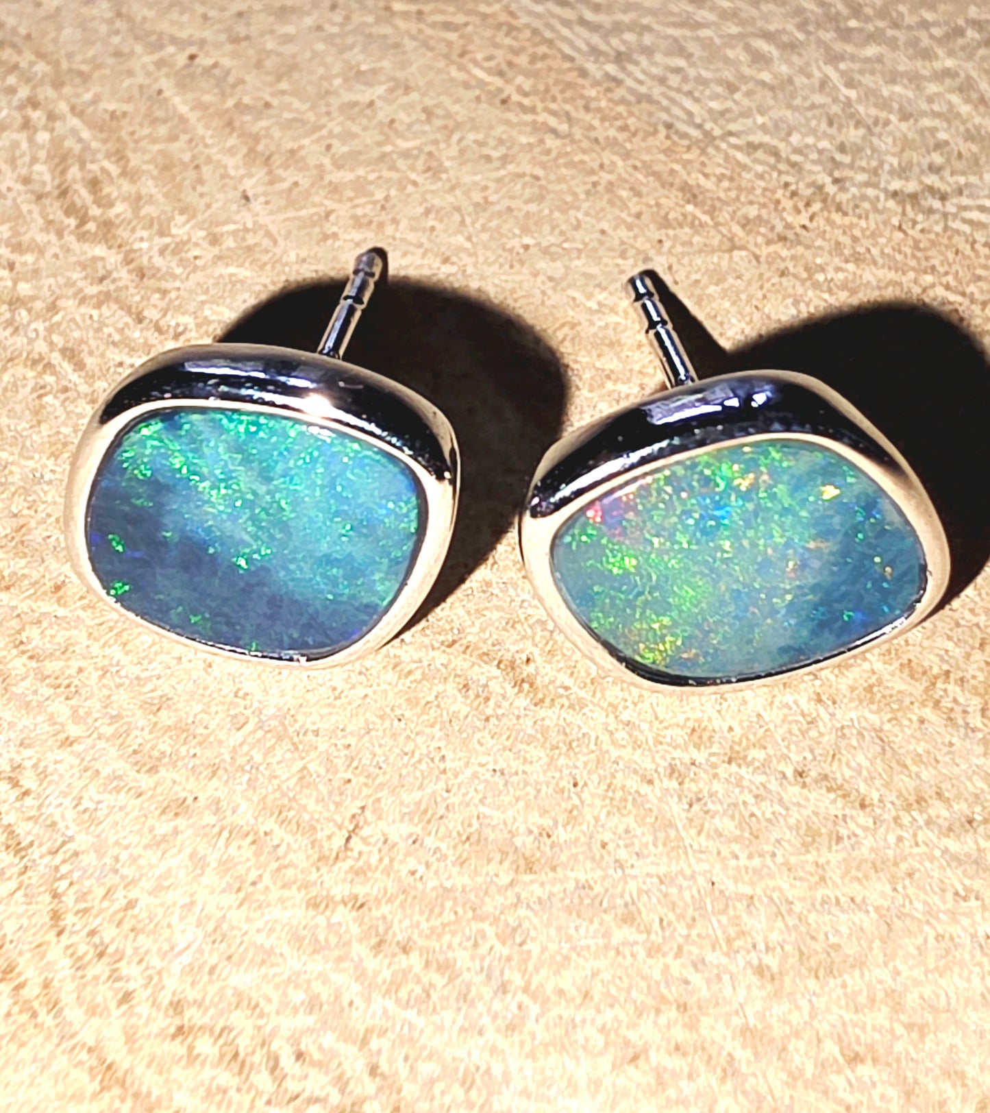 Boulder Opal Stud Earrings – Deep Blue, Green & Red Pinfire (925 Silver)