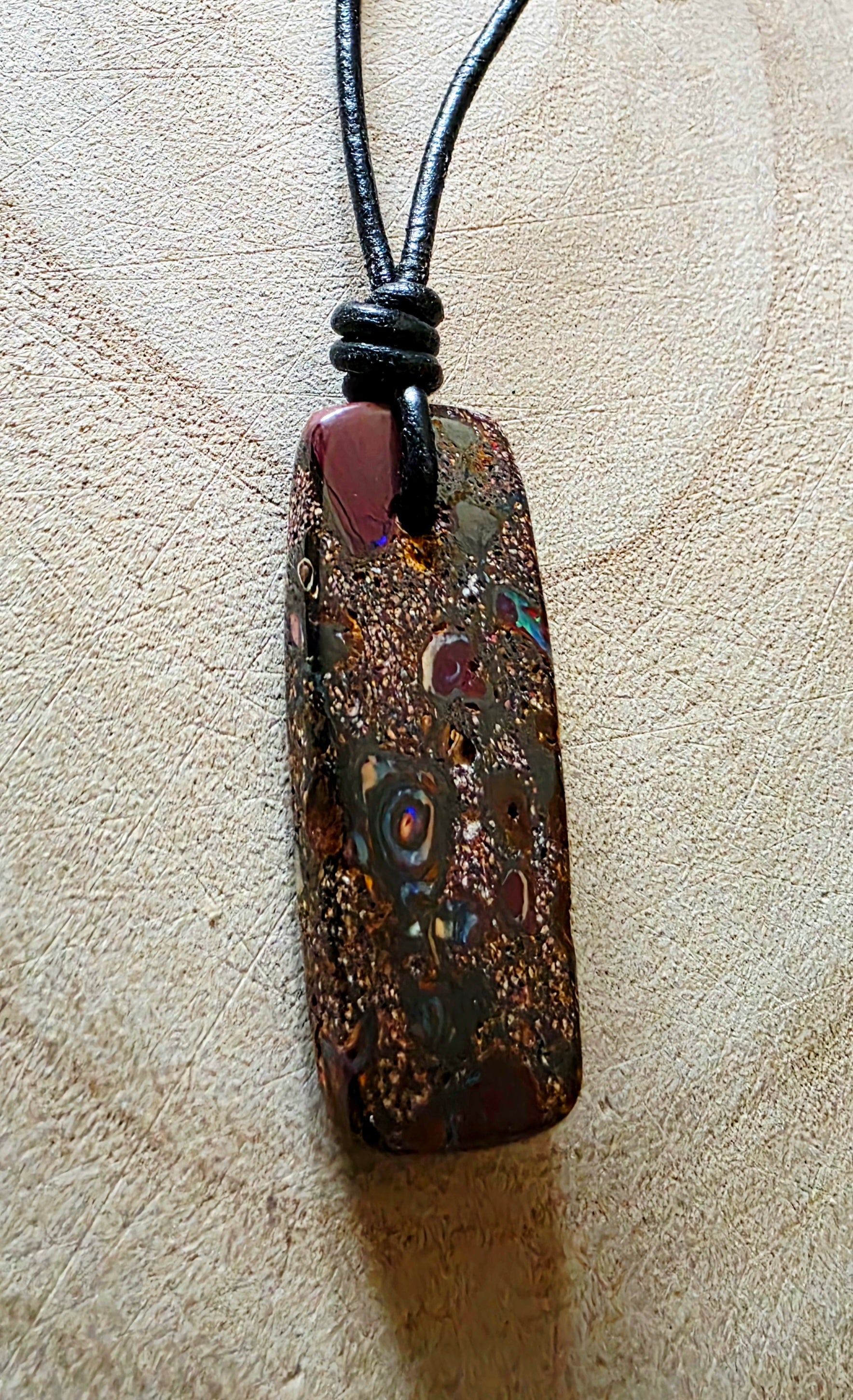 Boulder opal necklace on a leather cord