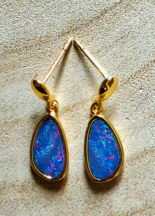 Boulder Opal Dangle Earrings - Bright Blue, Red & Green Pinfire (18k Gold‑Plated 925 Silver)