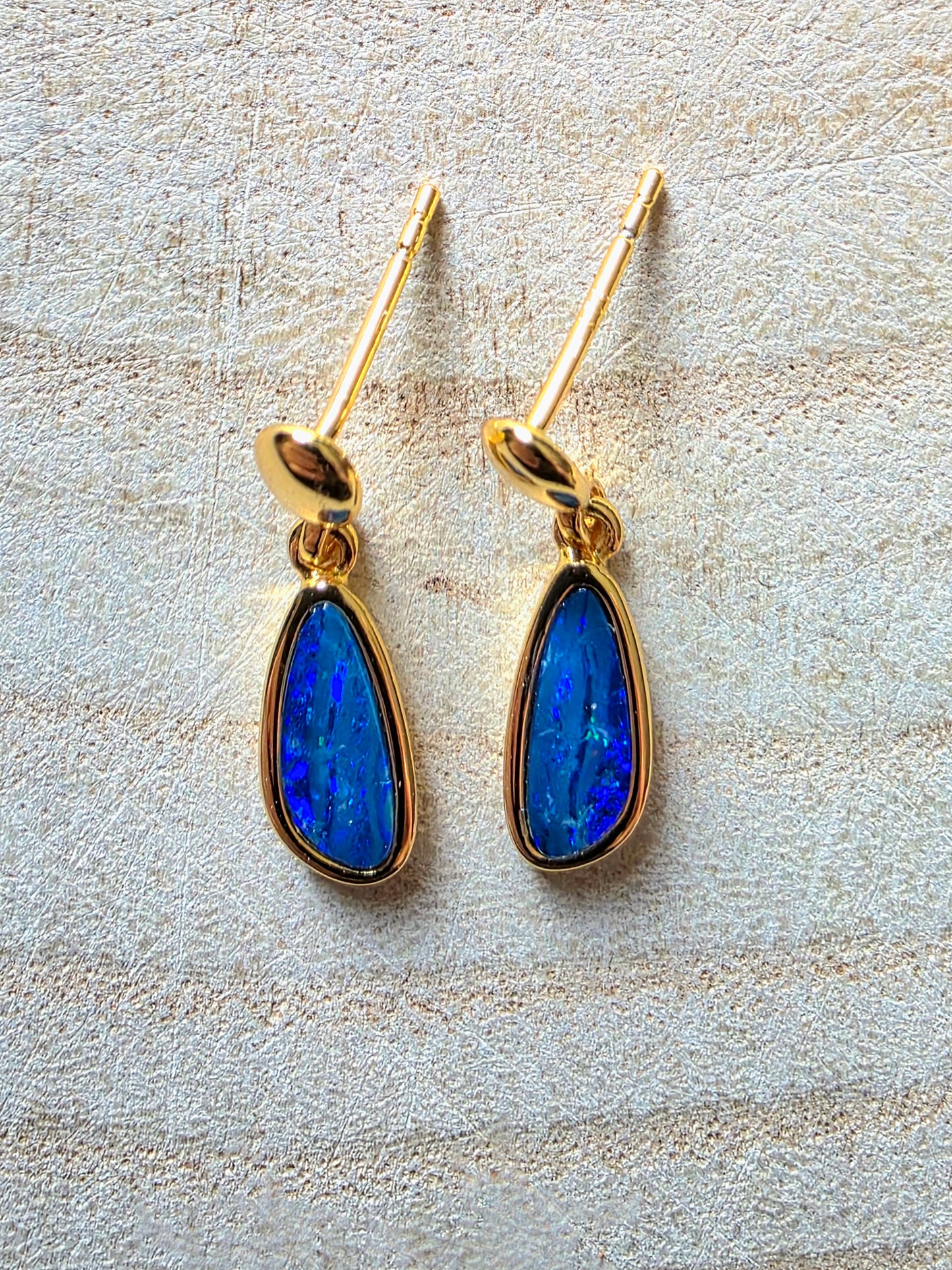 Boulder Opal Dangle Earrings Deep Blue & Green Flash (925 Silver 18k Gold Plated)