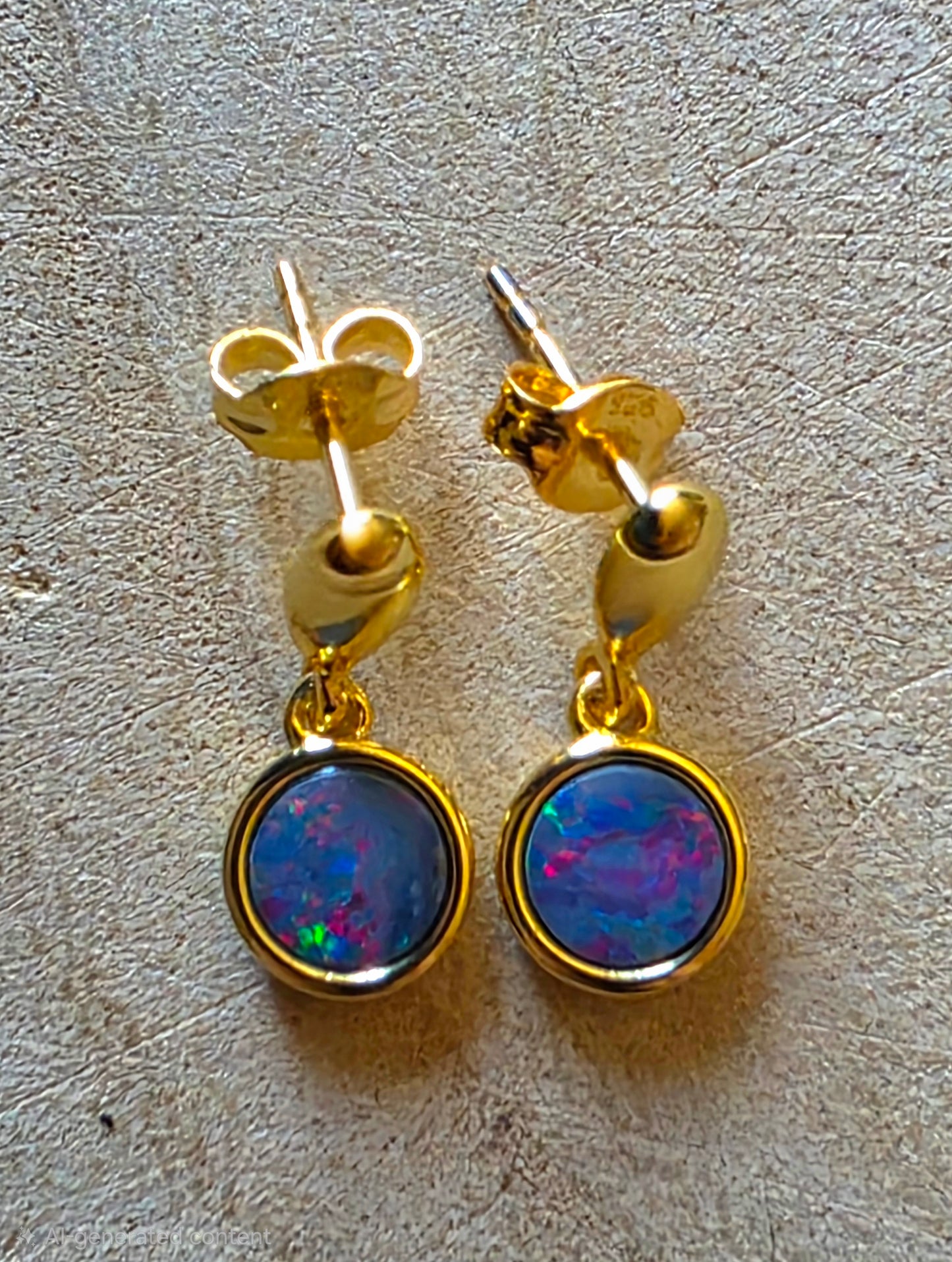 A pair of gold drop earrings with round bezel-set iridescent opal stones, displayed on a textured beige surface.