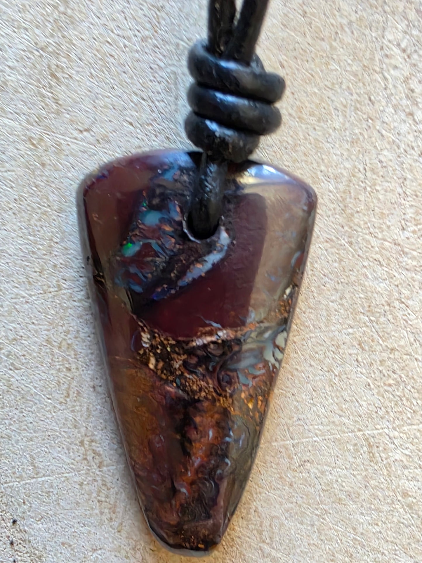 Boulder seam opal necklace on leather cord