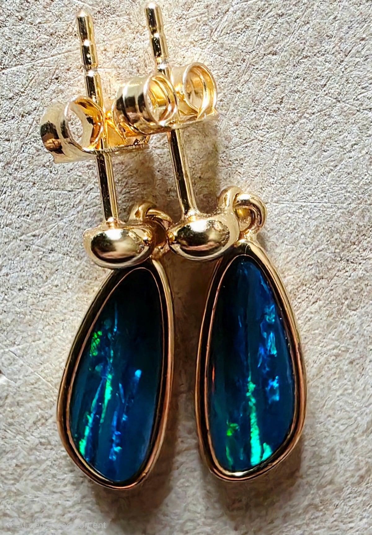 A pair of gold teardrop dangle earrings with iridescent blue-green opal inlays, displayed on a textured light beige surface.