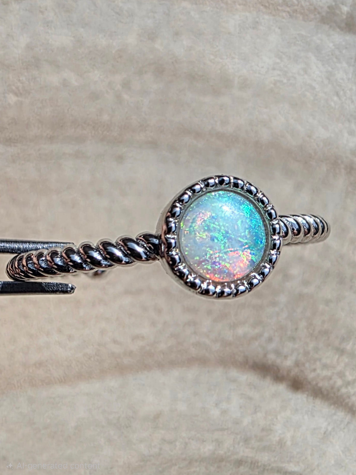 A silver-toned twisted band ring with a round iridescent opal gemstone, held in forceps against a soft beige textured background.