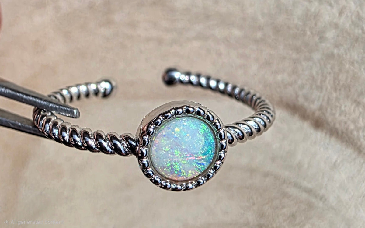 A silver open ring  with a round iridescent opal centre stone, held by metal tweezers against a soft beige fabric background.