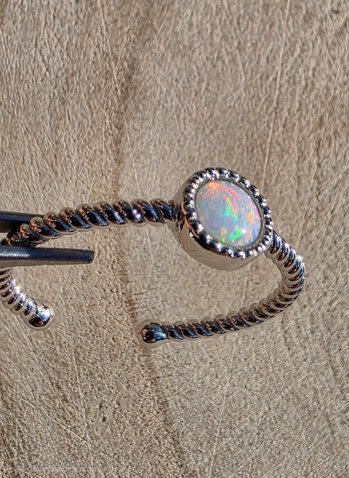 A silver-toned twisted open cuff ring featuring a round iridescent opal stone in a beaded bezel setting, shown close-up on a textured tan surface.