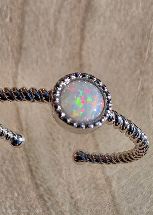 A white opal ring on a silver twisted role style setting