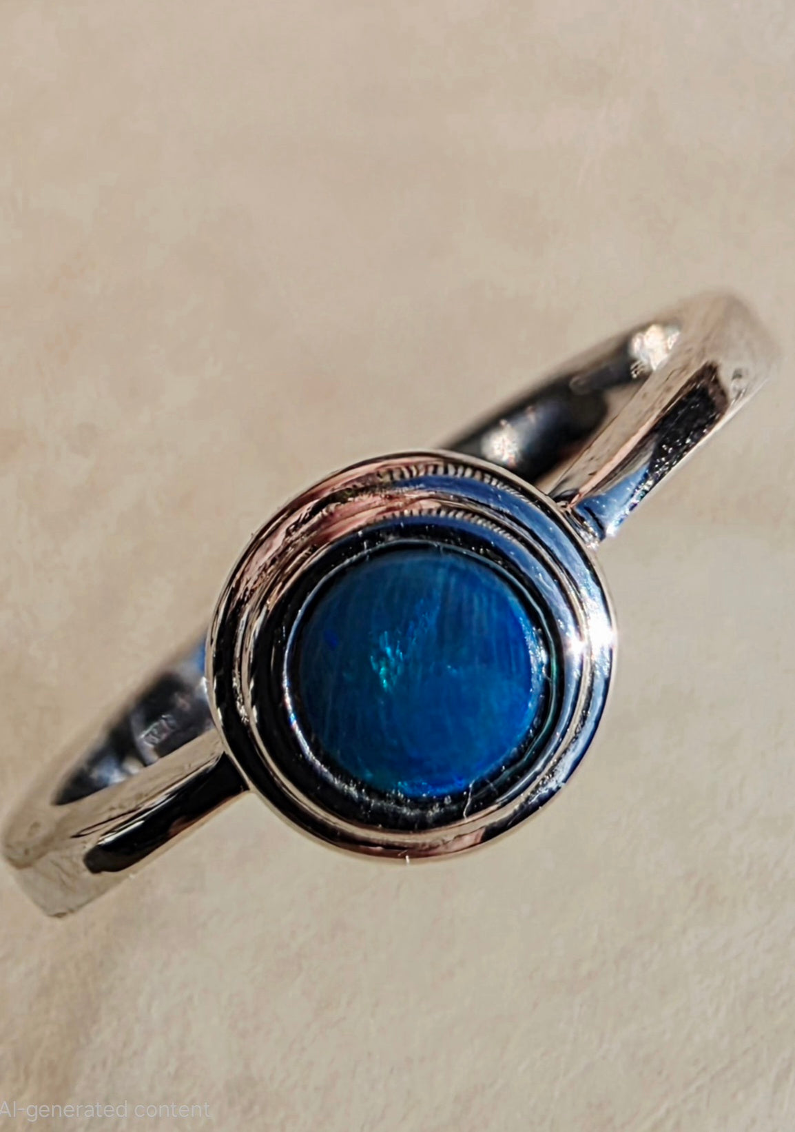 A silver-toned ring featuring a round, blue iridescent opal in a bezel setting, shown close-up on a textured beige background.