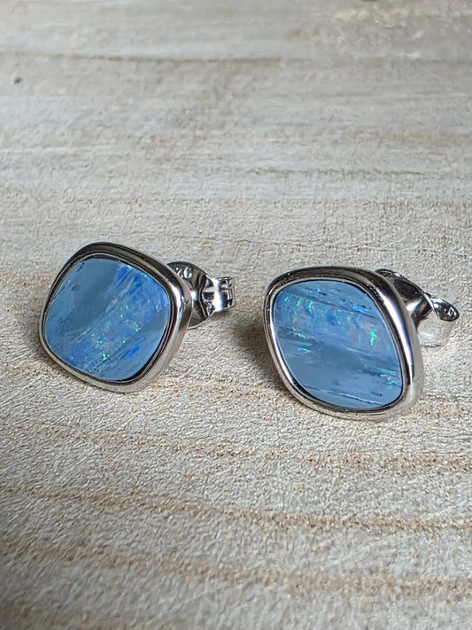 Boulder Opal Stud Earrings - Soft Blue & Green