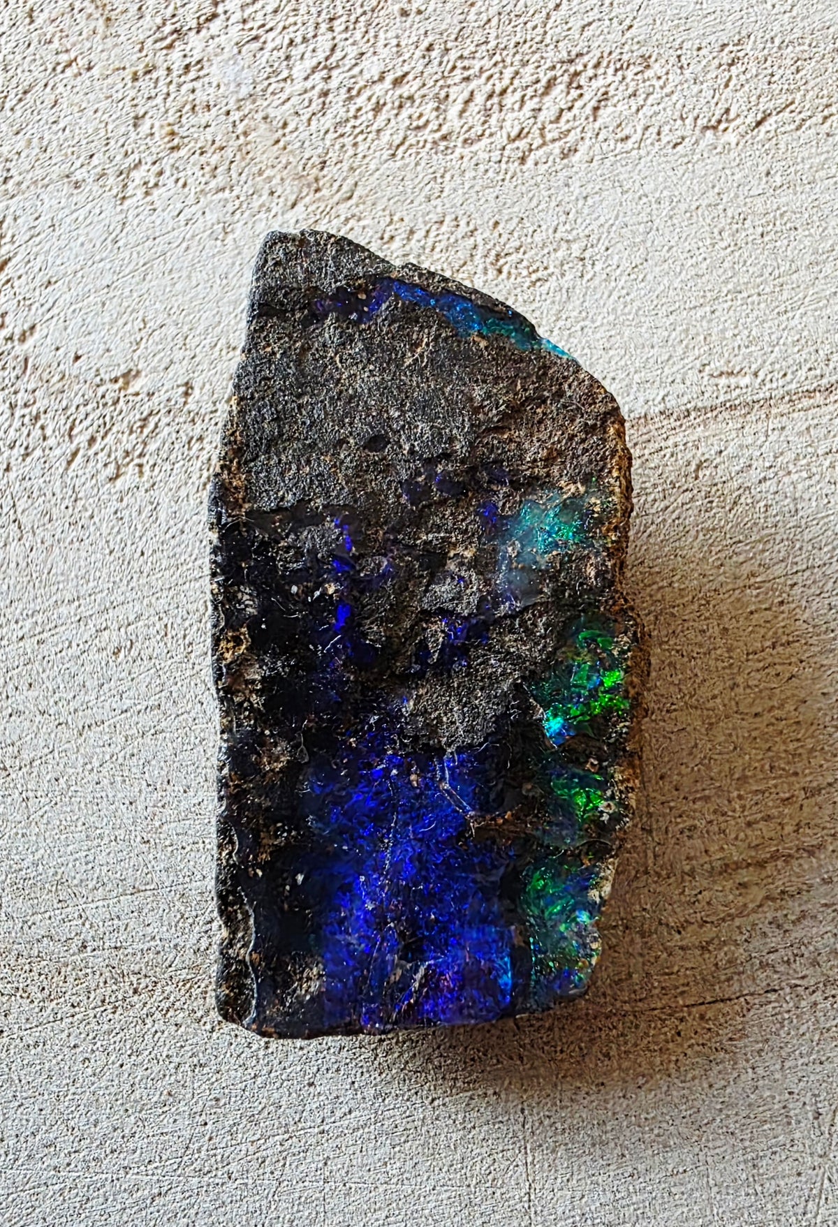 A raw opal rock specimen with a rough, dark matrix showing vibrant flashes of blue, green, and purple iridescence, photographed on a textured light beige surface.