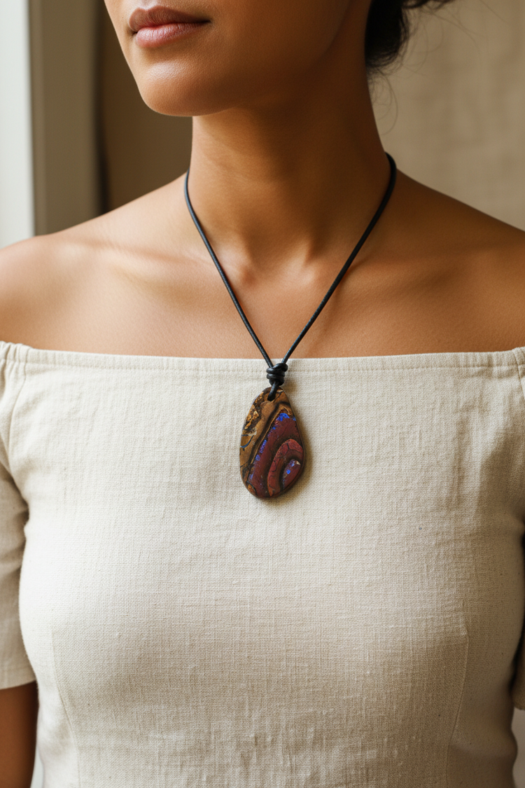 A close-up of a woman wearing a black cord necklace with a teardrop-shaped pendant made from layered natural boulder opal and colourful inlay, paired with a cream off-the-shoulder top.
