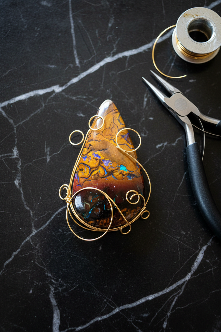 Boulder Opal Cabochon – Dark Slate Flat-lay with Gold Wire