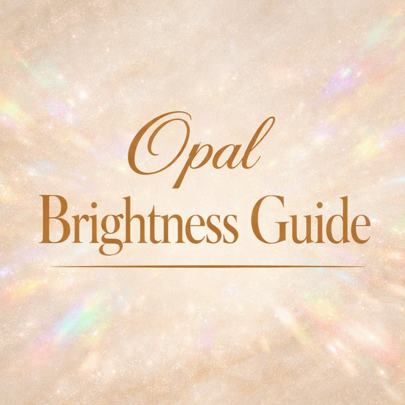 The image displays a digital graphic or cover titled 'Opal Brightness Guide' in elegant brown serif and script fonts, set against a shimmering, textured beige background with soft iridescent pastel light leaks.