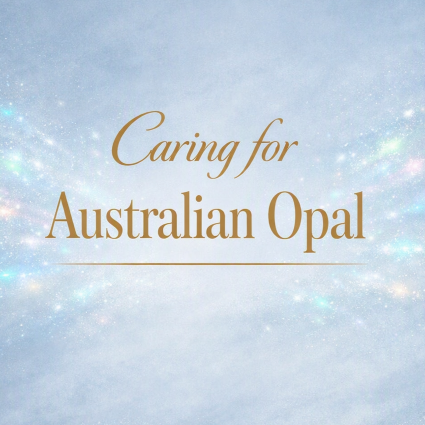 The text 'Caring for Australian Opal' is displayed in elegant gold-colored lettering against a soft, light blue and white textured background with subtle sparkling light effects.