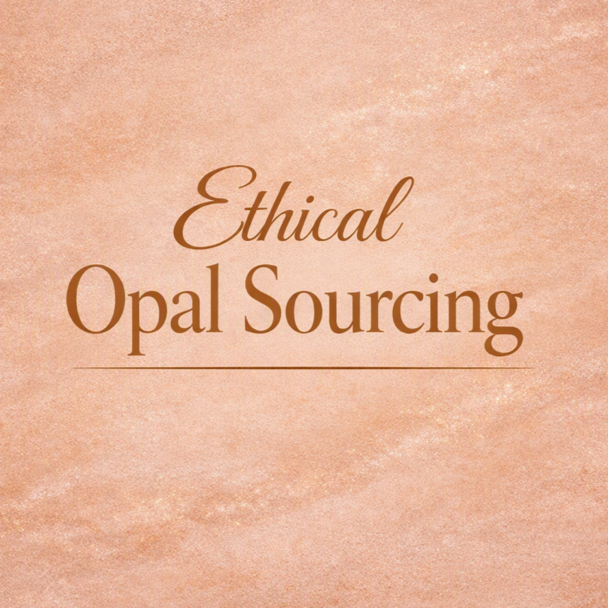 The text 'Ethical Opal Sourcing' is displayed in a warm brown serif and script font, centered on a textured peach-pink background.