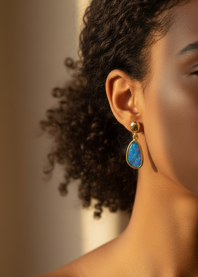 A close-up side profile of a woman wearing a gold teardrop earring with a vibrant blue opal inlay, set against a warm beige background.