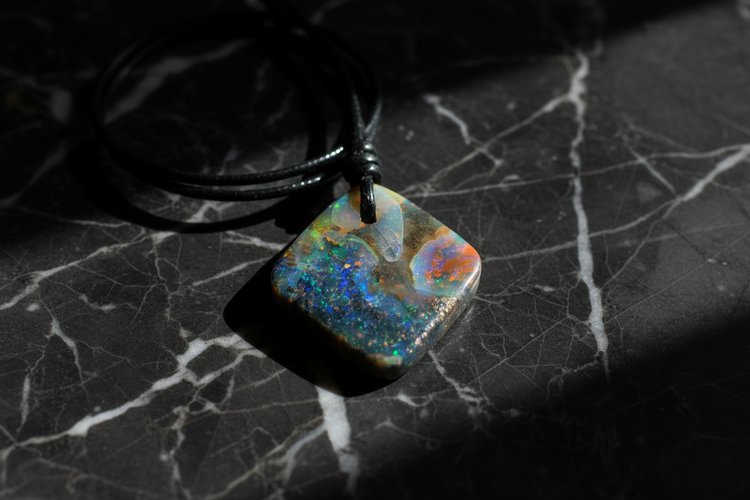 A square iridescent opal pendant necklace on a black cord, displayed on a dark marble surface with dramatic shadows.
