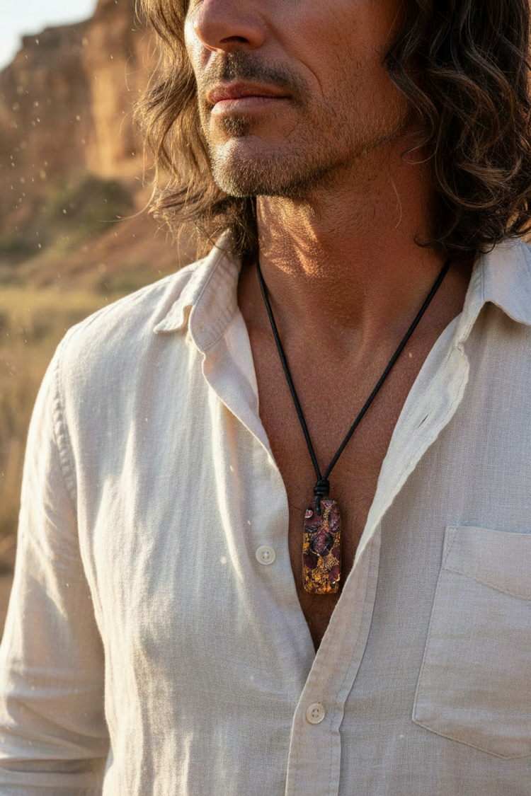 A close-up shot of a man wearing a black cord necklace with a rectangular, colourful stone pendant. He is wearing a light beige linen shirt, with a warm, sunlit outdoor rocky background.
