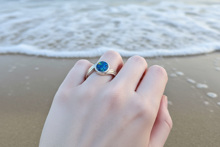 A silver ring with a round, vibrant blue and green opal gemstone worn on a hand, set against a blurred beach background with gentle waves.