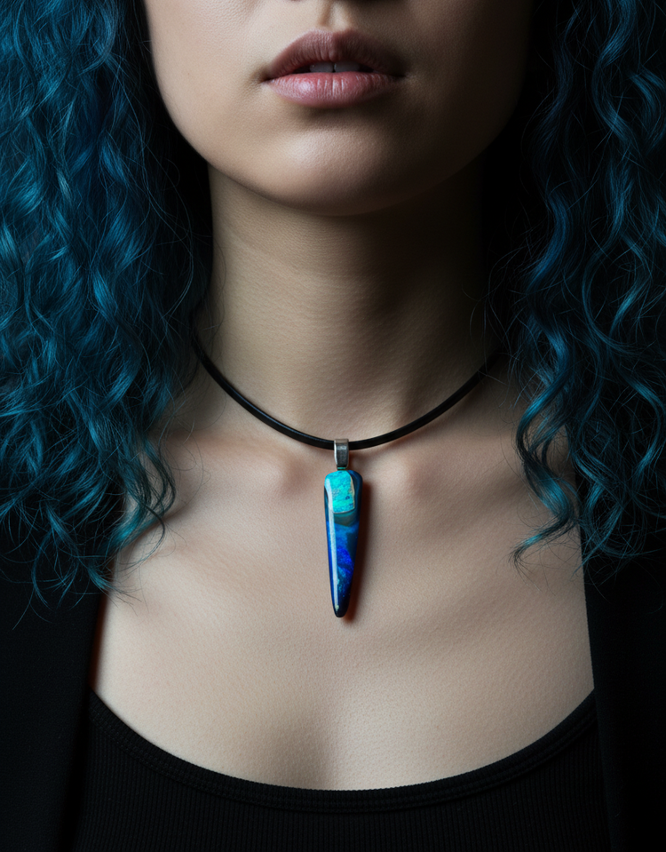 A close-up of a person with vibrant blue curly hair wearing a black cord necklace with a polished, teardrop-shaped pendant featuring a marbled blue and turquoise pattern.