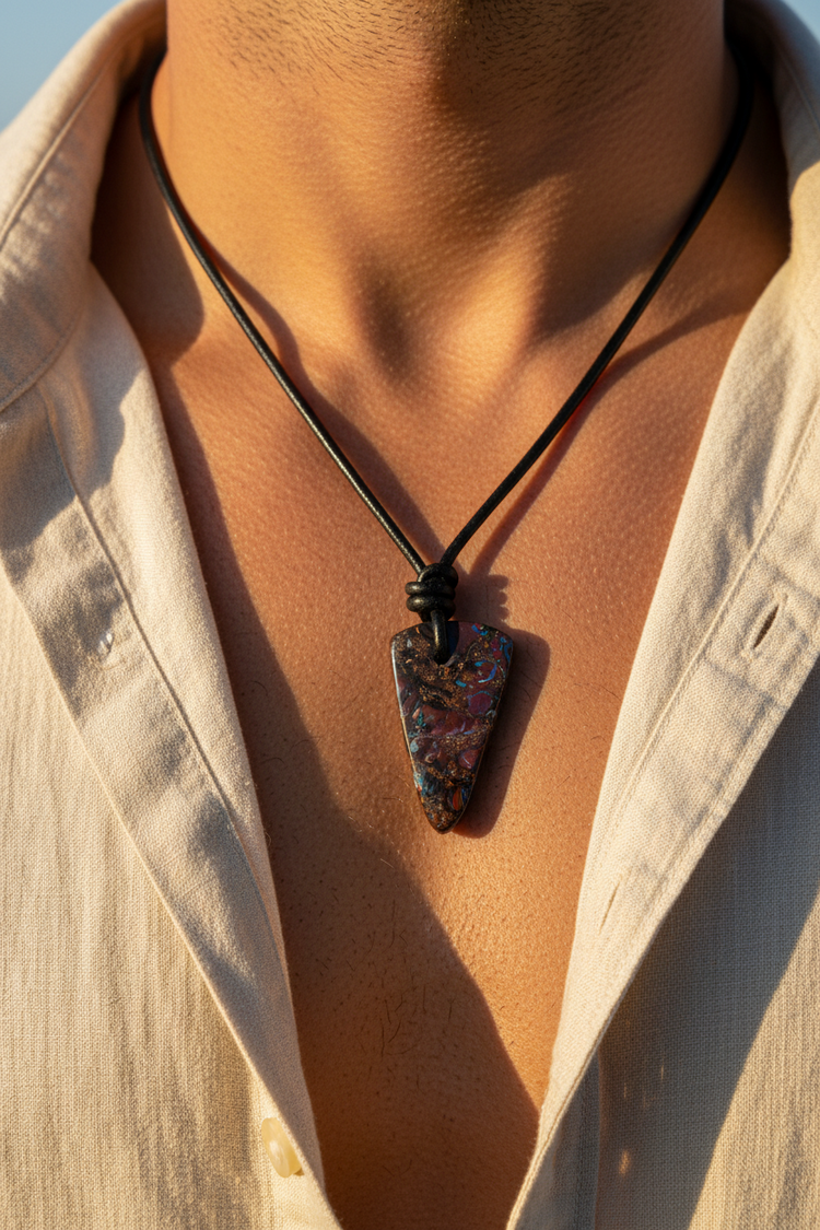 A close-up of a person's neck and chest wearing a black cord necklace with a dark, iridescent, teardrop-shaped stone pendant.